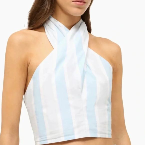 NEW! STUAD Blue & White Striped Halter Crop Beach Y2K Smocked Backless Size M - Picture 3 of 4